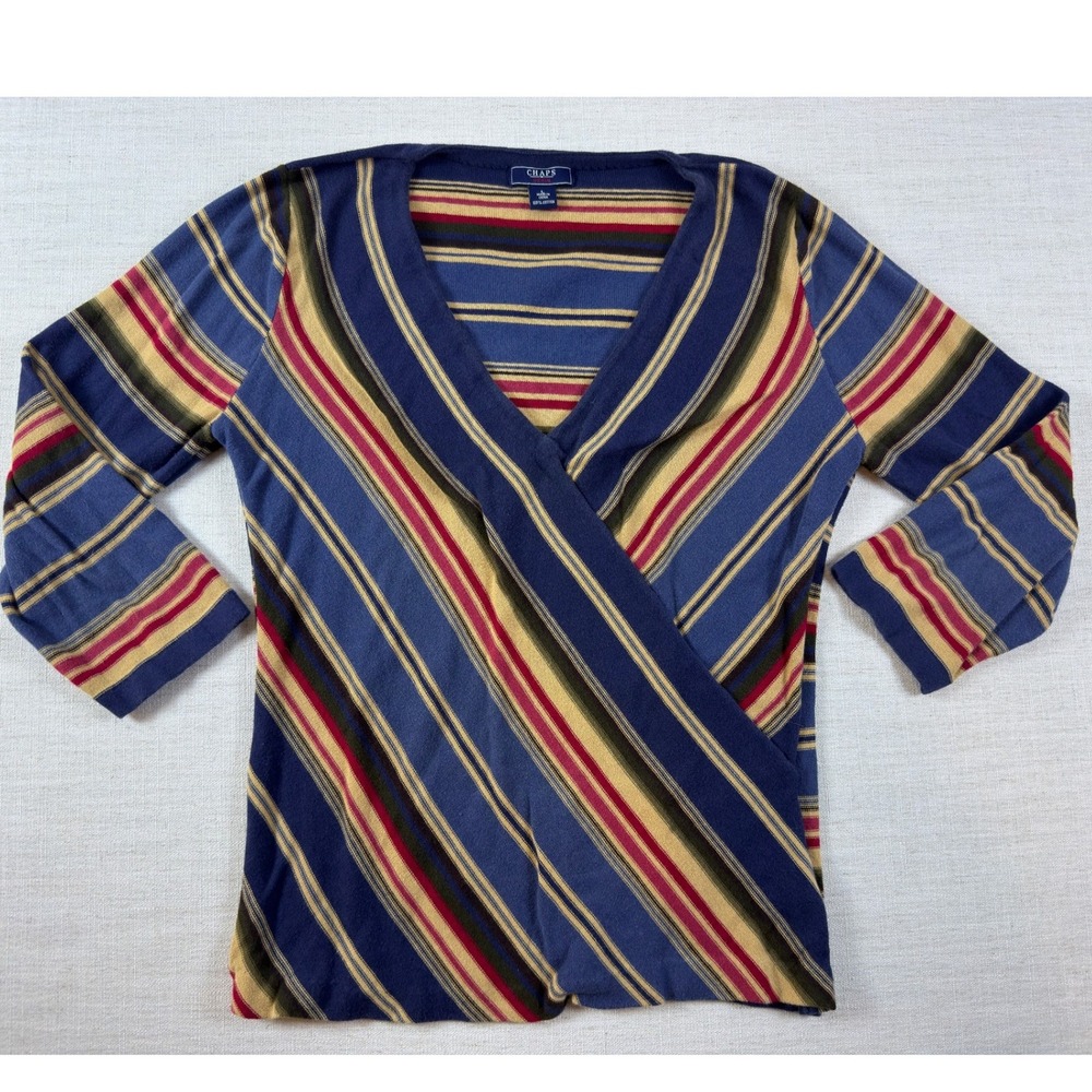 Chaps Denim Womens Large Blue Striped Faux Wrap V-Neck 100% Cotton Top 3/4 Slv